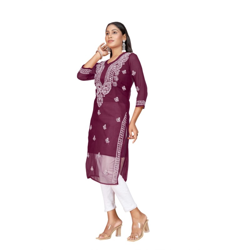 Women's Wine Georgette Chikankari Embroidered Kurta Set with Cotton Inner – Stylish Ethnic Festive Wear