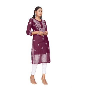 Women's Wine Georgette Chikankari Embroidered Kurta Set with Cotton Inner – Stylish Ethnic Festive Wear