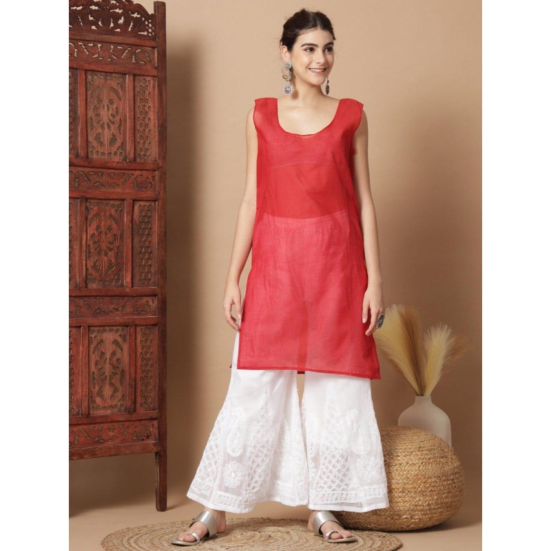 Women's Red Georgette Chikankari Embroidered Kurta Set with Inner – Elegant Festive & Ethnic Wear