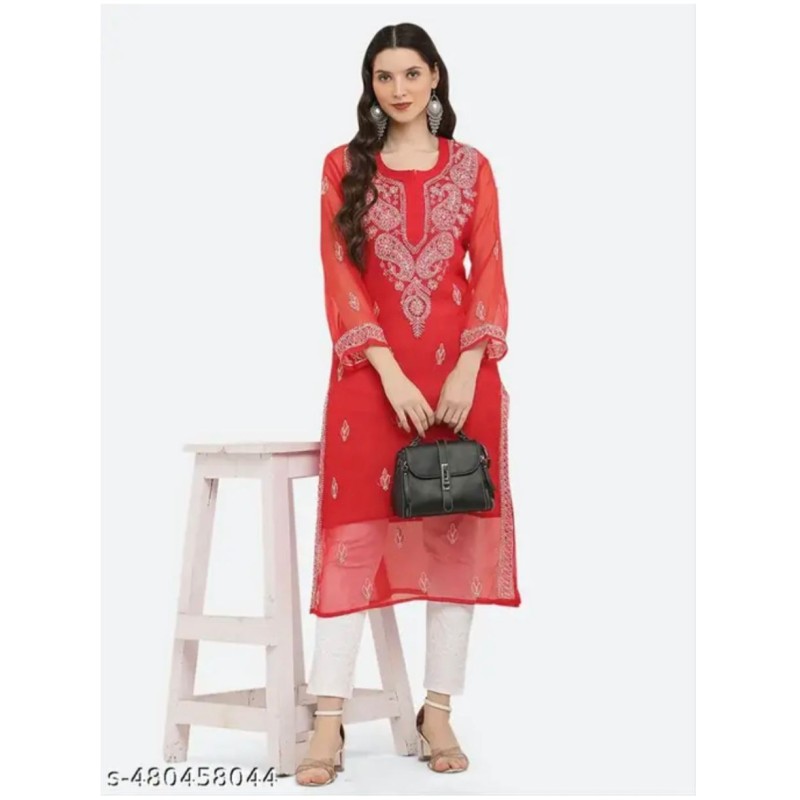 Women's Red Georgette Chikankari Embroidered Kurta Set with Inner – Elegant Festive & Ethnic Wear