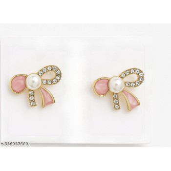 Elegant Pink Bow Pearl Stud Earrings – Crystal Rhinestone Fashion Jewelry for Women & Girls