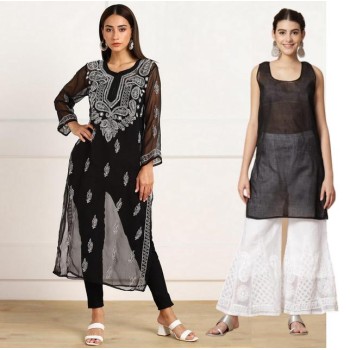 Elegant Black Chikankari Embroidered Kurta with Inner for Women