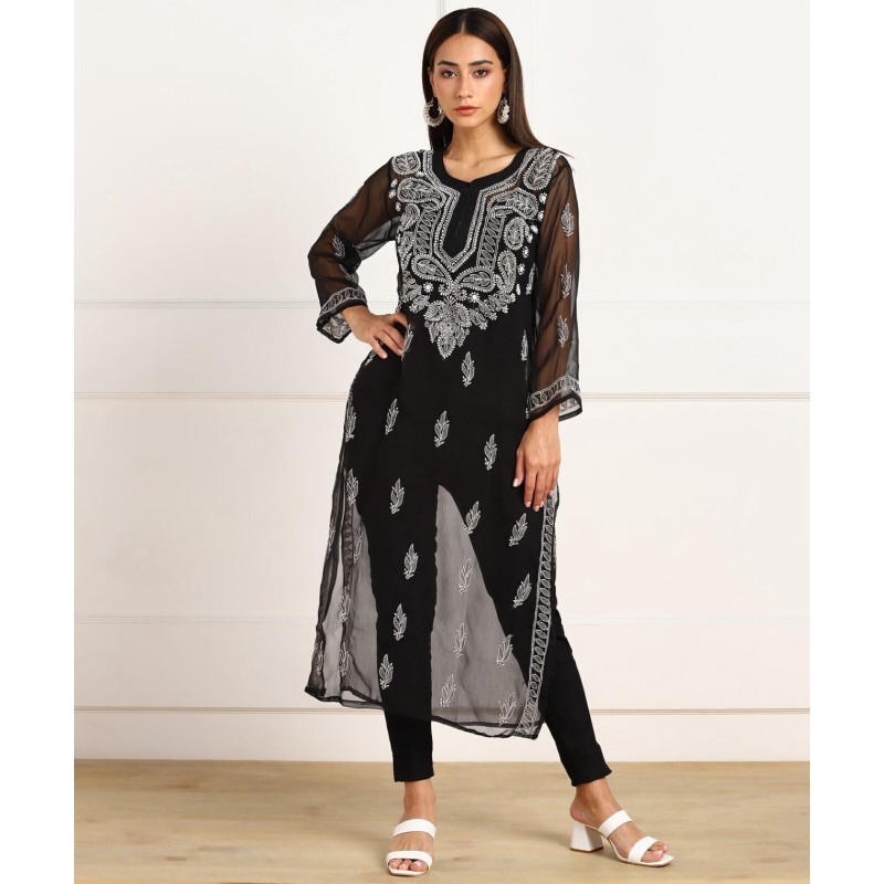 Elegant Black Chikankari Embroidered Kurta with Inner for Women