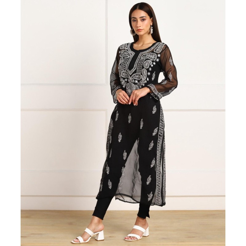 Elegant Black Chikankari Embroidered Kurta with Inner for Women