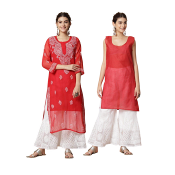 Women's Red Georgette Chikankari Embroidered Kurta Set with Inner – Elegant Festive & Ethnic Wear