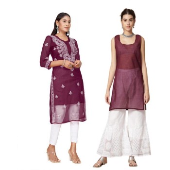 Women's Wine Georgette Chikankari Embroidered Kurta Set with Cotton Inner – Stylish Ethnic Festive Wear
