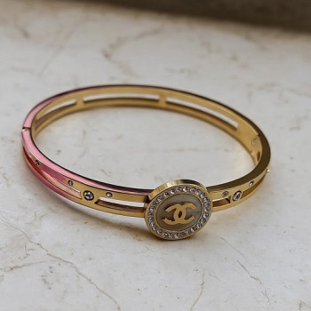 Empress Glow Gold-Plated Designer-Inspired CZ Stone Bracelet for Women & Girls – Elegant Pink Enamel Dual-Tone Bangle with Crystal-Studded Round Charm