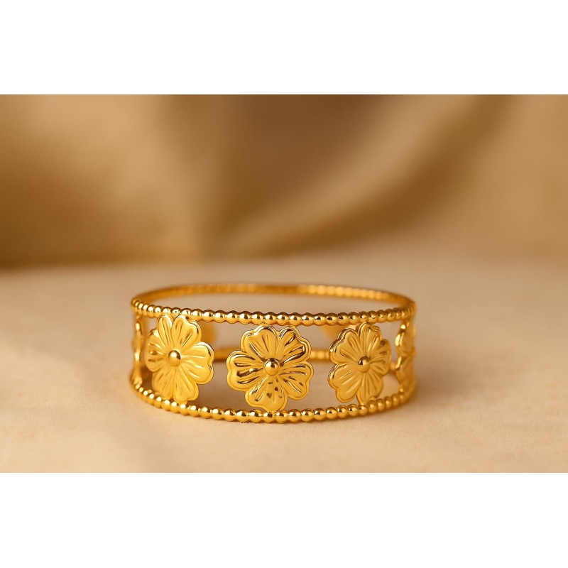 Royal Bloom 24K Gold-Plated Open Cuff Kada for Women Intricately Carved Floral Design with Beaded Edges Traditional Statement Bangle Bracelet for Weddings,