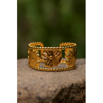 Royal Bloom 24K Gold-Plated Open Cuff Kada for Women Intricately Carved Floral Design with Beaded Edges Traditional Statement Bangle Bracelet for Weddings,