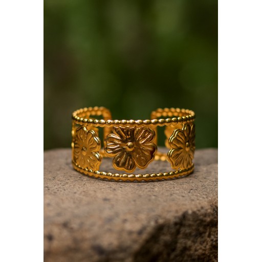 Royal Bloom 24K Gold-Plated Open Cuff Kada for Women Intricately Carved Floral Design with Beaded Edges Traditional Statement Bangle Bracelet for Weddings,
