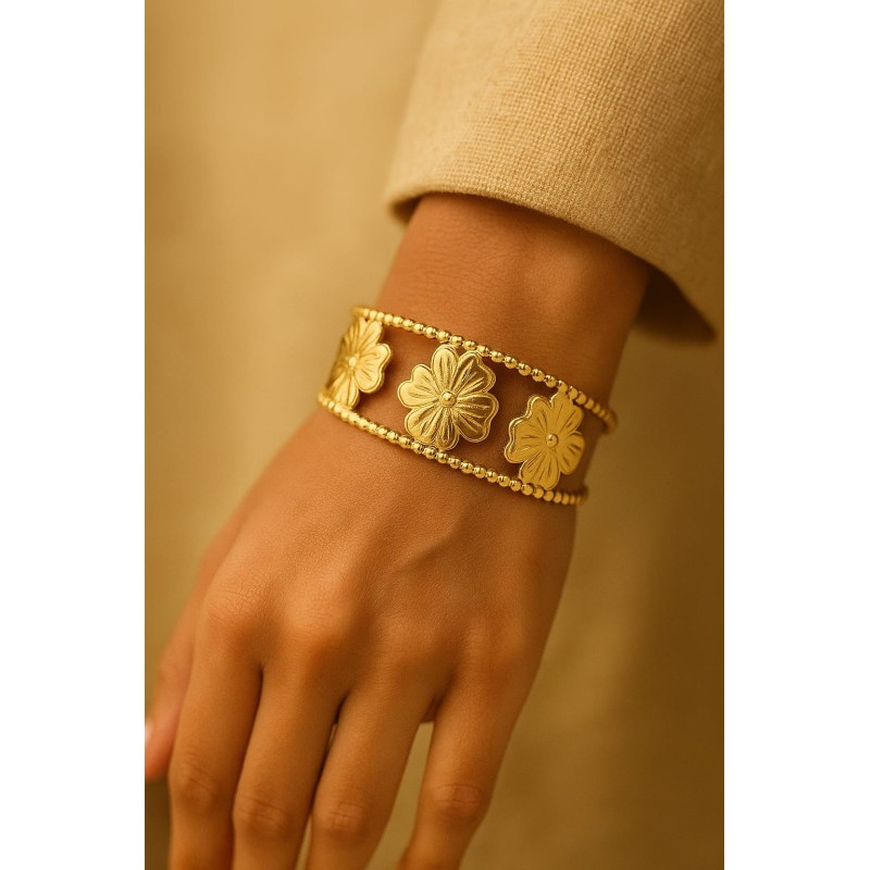 Royal Bloom 24K Gold-Plated Open Cuff Kada for Women Intricately Carved Floral Design with Beaded Edges Traditional Statement Bangle Bracelet for Weddings,