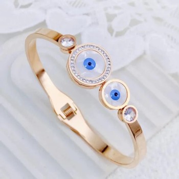 Elegant Rose Gold-Plated Evil Eye Bangle Bracelet for Women & Girls – Stylish Adjustable Kada with White & Blue Crystal Stones