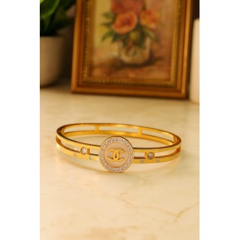 Empress Glow Gold-Plated Designer-Inspired CZ Stone Bracelet for Women & Girls – Elegant Pink Enamel Dual-Tone Bangle with Crystal-Studded Round Charm
