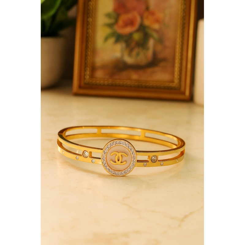 Empress Glow Gold-Plated Designer-Inspired CZ Stone Bracelet for Women & Girls – Elegant Pink Enamel Dual-Tone Bangle with Crystal-Studded Round Charm