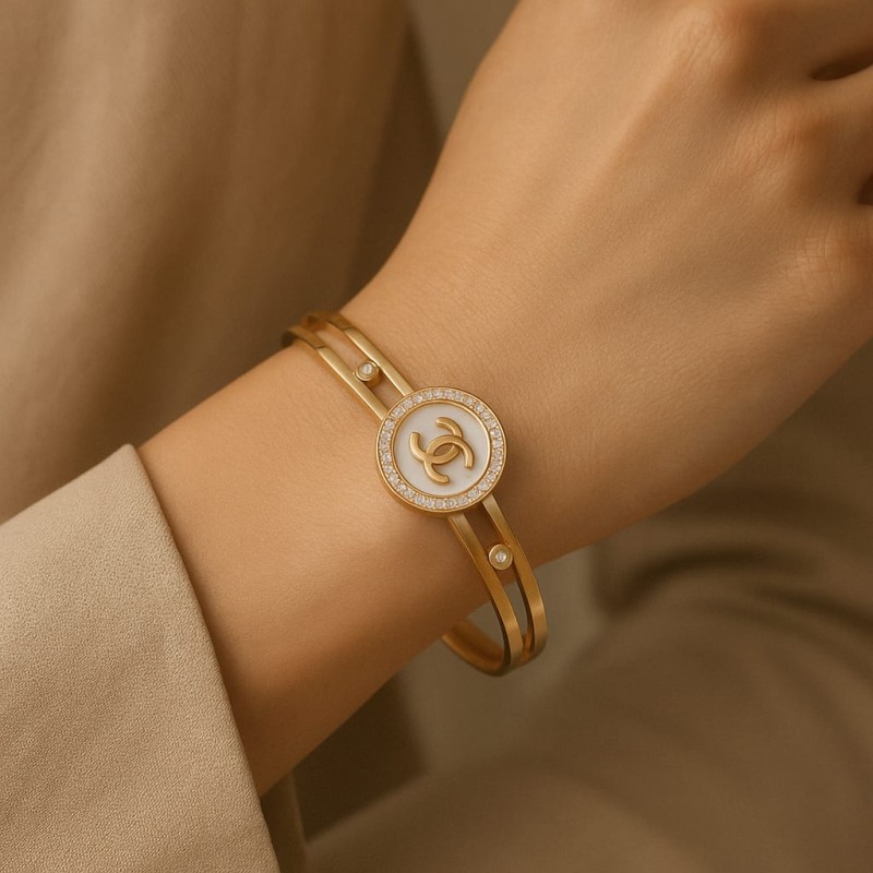 Empress Glow Gold-Plated Designer-Inspired CZ Stone Bracelet for Women & Girls – Elegant Pink Enamel Dual-Tone Bangle with Crystal-Studded Round Charm