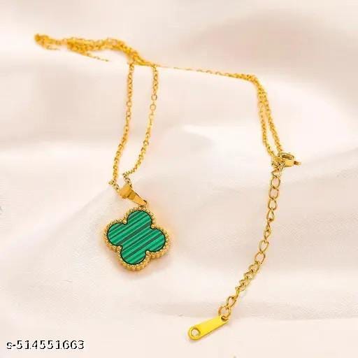 Elegant Stainless Steel Clover Pendant Necklace & Stud Earrings Set for Women 18K Gold Plated with Green Enamel Floral Design 