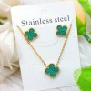 Elegant Stainless Steel Clover Pendant Necklace & Stud Earrings Set for Women 18K Gold Plated with Green Enamel Floral Design 
