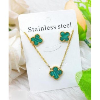 Elegant Stainless Steel Clover Pendant Necklace & Stud Earrings Set for Women 18K Gold Plated with Green Enamel Floral Design 