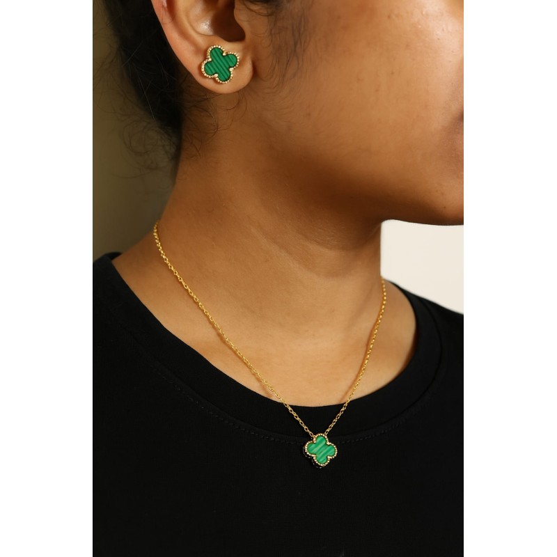 Elegant Stainless Steel Clover Pendant Necklace & Stud Earrings Set for Women 18K Gold Plated with Green Enamel Floral Design 