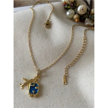 Stylish Gold-Plated Travel-Themed Pendant Necklace for Women and Girls – Featuring Airplane and Blue Suitcase Charms with Adjustable Chain