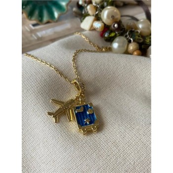 Stylish Gold-Plated Travel-Themed Pendant Necklace for Women and Girls – Featuring Airplane and Blue Suitcase Charms with Adjustable Chain