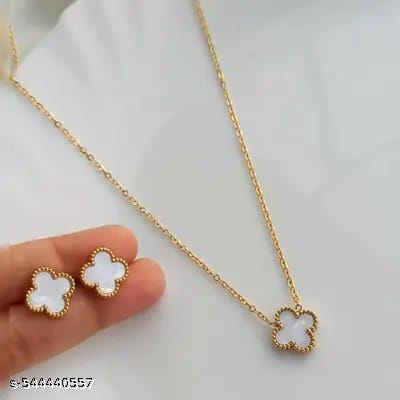 Grace Clover Gold-Plated Necklace & Earrings Jewellery Set for Women – Minimalist Mother-of-Pearl Clover Pendant Chain with Matching Drop Earrings