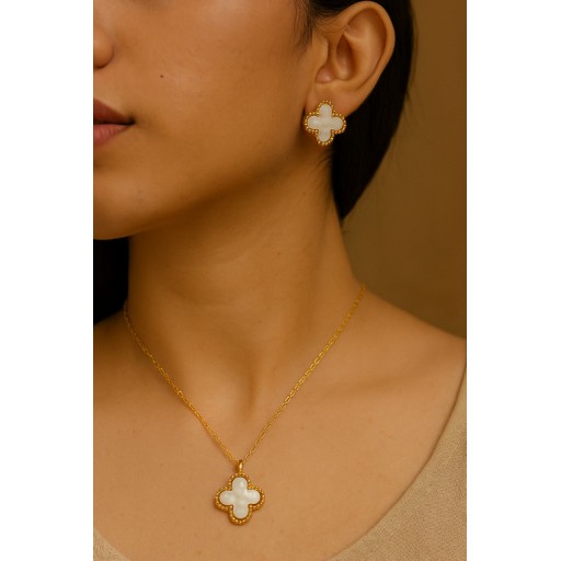Grace Clover Gold-Plated Necklace & Earrings Jewellery Set for Women – Minimalist Mother-of-Pearl Clover Pendant Chain with Matching Drop Earrings