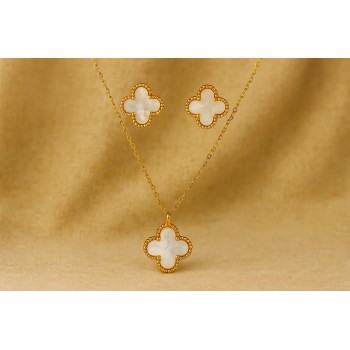 Grace Clover Gold-Plated Necklace & Earrings Jewellery Set for Women – Minimalist Mother-of-Pearl Clover Pendant Chain with Matching Drop Earrings