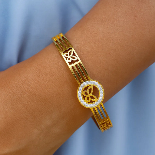 Elegant Butterfly Gold-Plated Cuff Bracelet for Women – Slip-On Kada with CZ Accents, Cutwork Design & Glossy Finish – Lightweight Jewellery for Parties, Weddings & Gifting