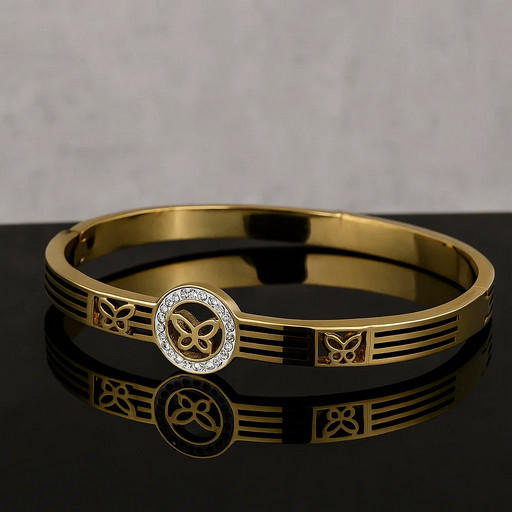 Elegant Butterfly Gold-Plated Cuff Bracelet for Women – Slip-On Kada with CZ Accents, Cutwork Design & Glossy Finish – Lightweight Jewellery for Parties, Weddings & Gifting