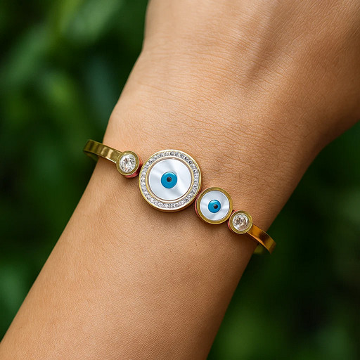 Elegant Rose Gold-Plated Evil Eye Bangle Bracelet for Women & Girls – Stylish Adjustable Kada with White & Blue Crystal Stones