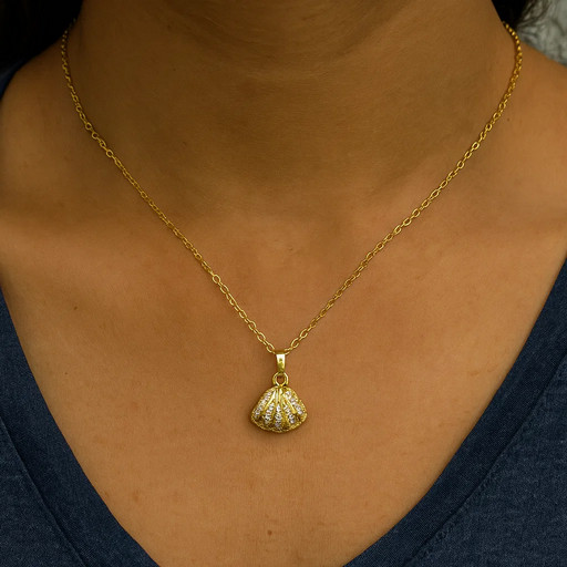 Elegant Gold-Plated Shell Pendant Necklace for Women & Girls – Stylish Chain with Shimmering CZ Stones