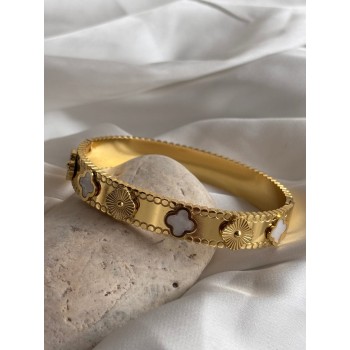 Elegant 18K Gold-Plated Mother of Pearl Floral-Design Bangle Bracelet for Women – Stylish Party, Wedding & Daily Wear Imitation Jewellery with Premium Finish