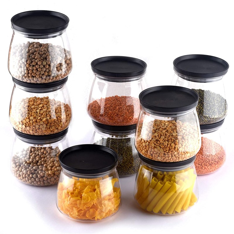 6-Piece Transparent Storage Jar Set with Black Lids – Airtight, Stackable and Stylish