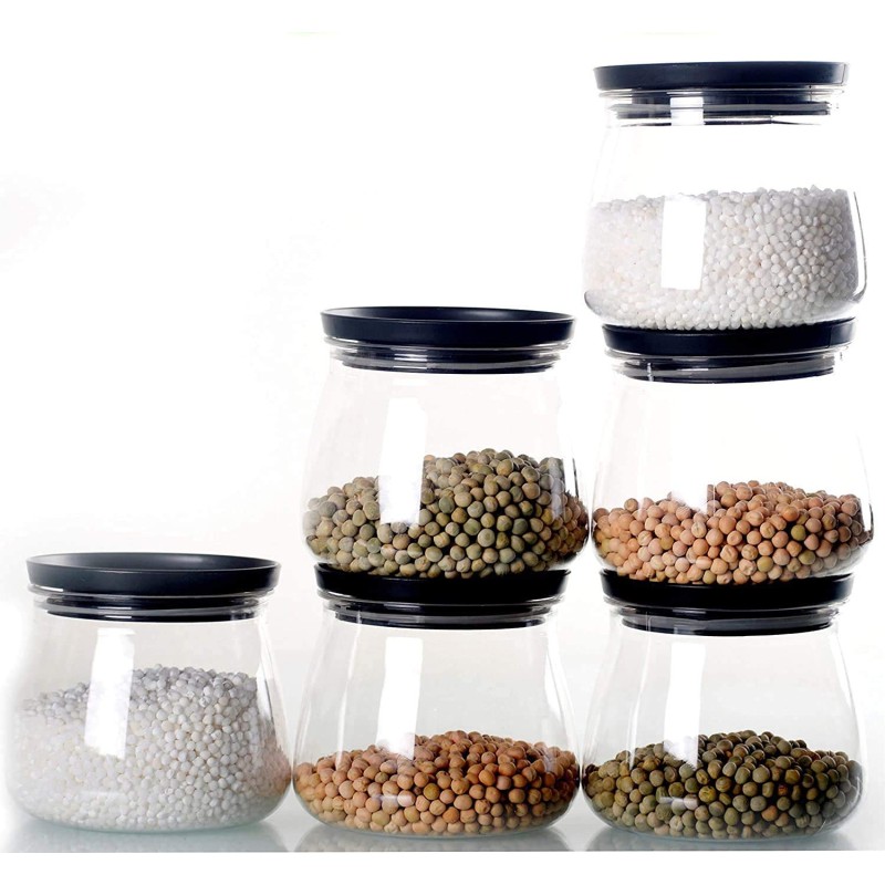6-Piece Transparent Storage Jar Set with Black Lids – Airtight, Stackable and Stylish