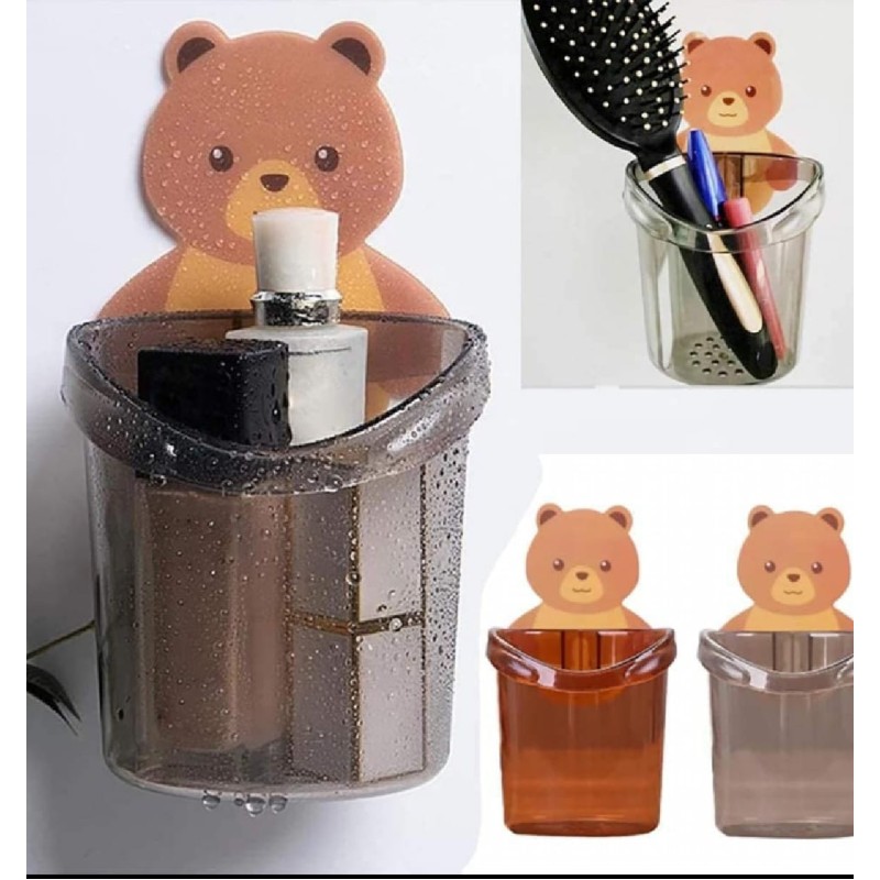 Plastic Wall Mounted Multipurpose Teddy Bear Toothbrush Holder Cup, ABS Plastic with Strong Adhesive Sticker Easy Installation 