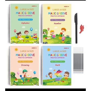 Magic Practice Copybook Set for Kids – 4 Books + 5 Refills + 1 Pen Holder (Calligraphy, Numerals, Drawing, Letters, Writing)