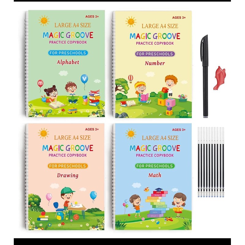 Magic Practice Copybook Set for Kids – 4 Books + 5 Refills + 1 Pen Holder (Calligraphy, Numerals, Drawing, Letters, Writing)