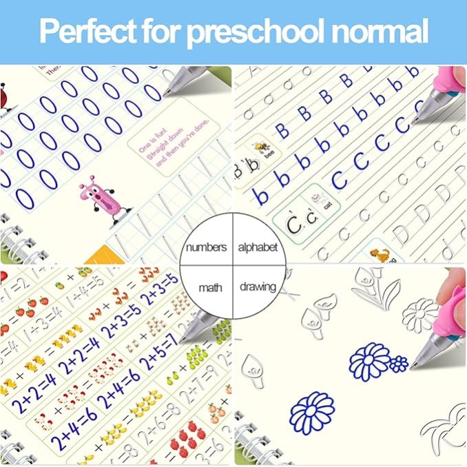 Magic Practice Copybook Set for Kids – 4 Books + 5 Refills + 1 Pen Holder (Calligraphy, Numerals, Drawing, Letters, Writing)