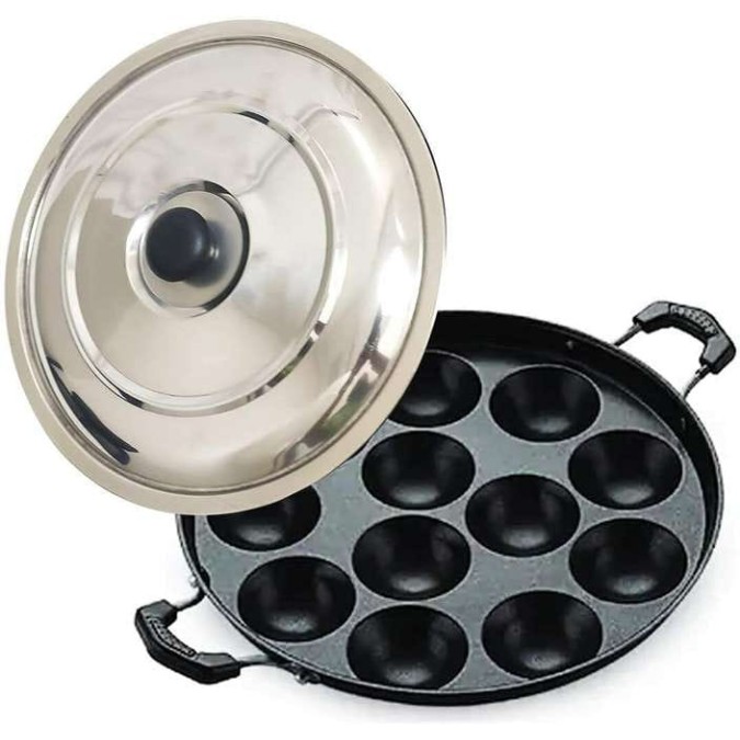 Non-Stick Appam Maker Pan Cast Iron and Aluminum Appam Patra for Fluffy South Indian Appams 330g /12cups