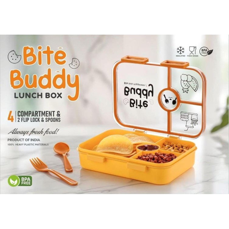 Bite Buddy 4-Compartment Lunch Box with Spoon & Fork – BPA-Free, Leak-Proof Food Storage Container