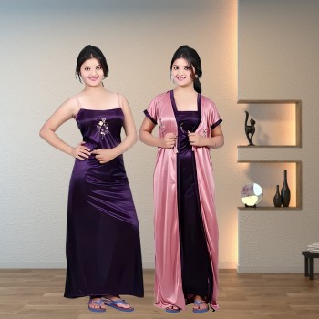 Ps Wine & Ps Pink 2 Pieces Nighty Satin Nighty Set with Embroidery on Nighty & HouseCoat (Robe) with two Colour Matching of Nighty & Rob