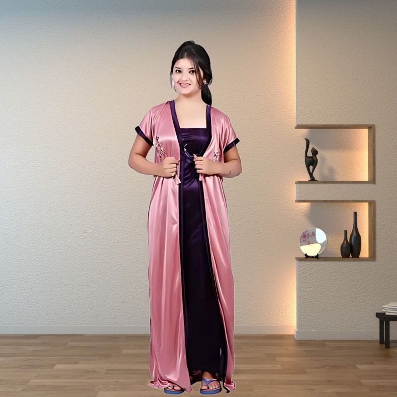 Ps Wine & Ps Pink 2 Pieces Nighty Satin Nighty Set with Embroidery on Nighty & HouseCoat (Robe) with two Colour Matching of Nighty & Rob