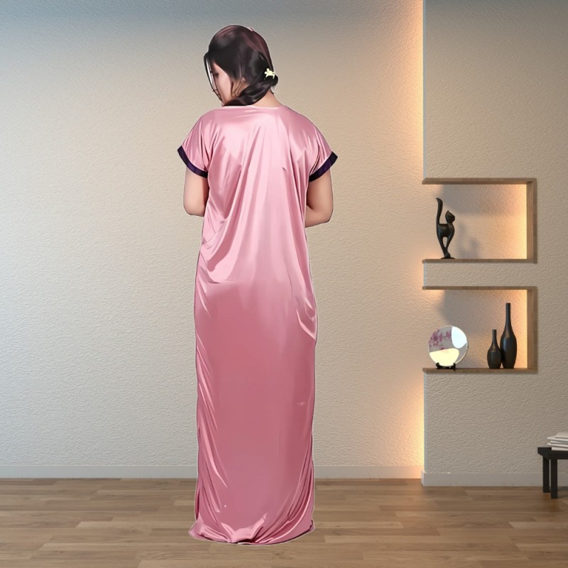 Ps Wine & Ps Pink 2 Pieces Nighty Satin Nighty Set with Embroidery on Nighty & HouseCoat (Robe) with two Colour Matching of Nighty & Rob