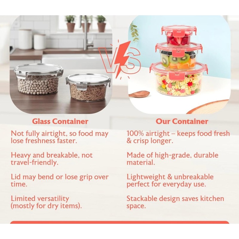 Aarvi Empresa presents Airtight Kitchen Container Set of 3-300ml, 750ml, 1500ml | Transparent Fridge Box with Leak Proof Lid & Lock | Food Storage Container/Snack Box/ Cookies & Dry Fruits Box