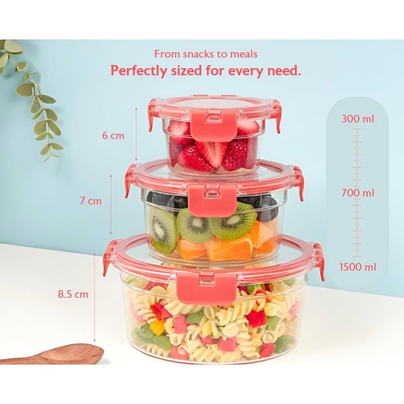 Aarvi Empresa presents Airtight Kitchen Container Set of 3-300ml, 750ml, 1500ml | Transparent Fridge Box with Leak Proof Lid & Lock | Food Storage Container/Snack Box/ Cookies & Dry Fruits Box