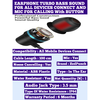 ZedPunch EARPHONE TURBO BASS SOUND FOR ALL DEVICES AND MIC FOR CALLING With Button
