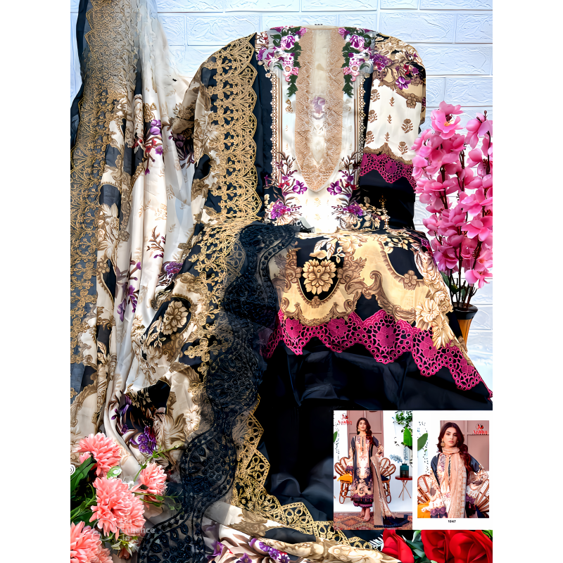 New Trending Pakistani Lawn Suits With embroidered Dupatta ( unstitched fabric) multicolor