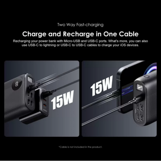 Oraimo 30000mAh Li-Polymer Power Bank Fast Charging with 15W Type C Input &Output Quick Charge,5 Ports Output,Multi-Layer Protection with LED Torch+ Type C Cable