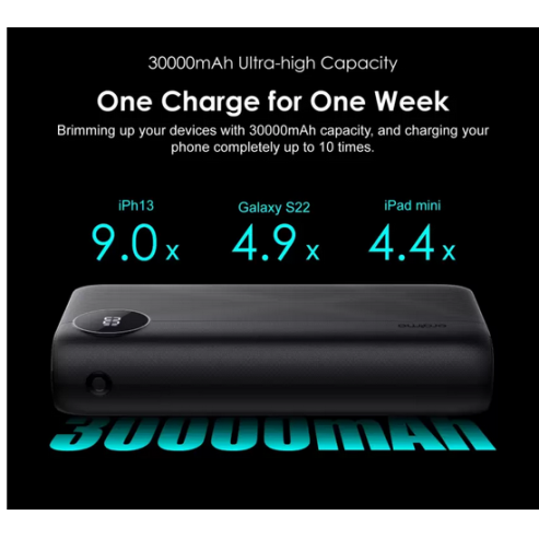 Oraimo 30000mAh Li-Polymer Power Bank Fast Charging with 15W Type C Input &Output Quick Charge,5 Ports Output,Multi-Layer Protection with LED Torch+ Type C Cable